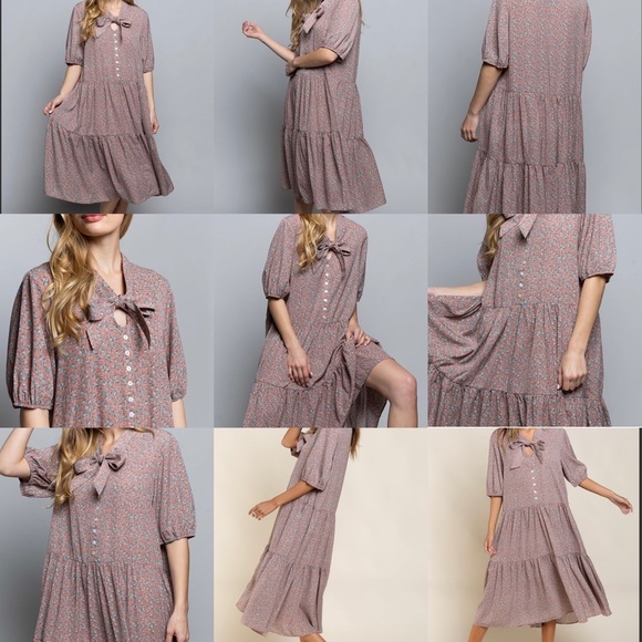 POL Ditsy Flower Red Bean MIDI Dress - Picture 8 of 8